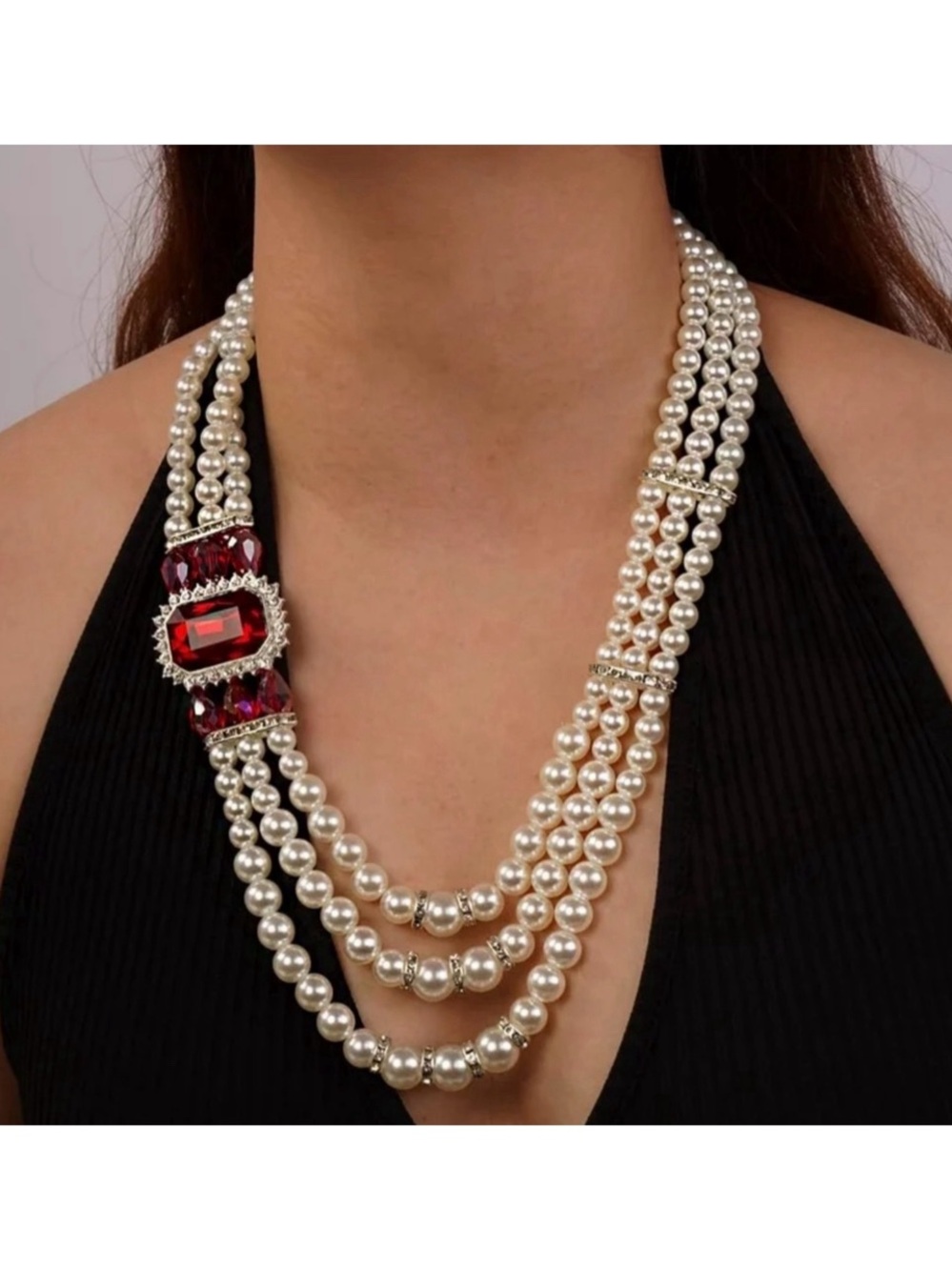 1920s 3-strand Necklace with Red Crystal & Rhinestone